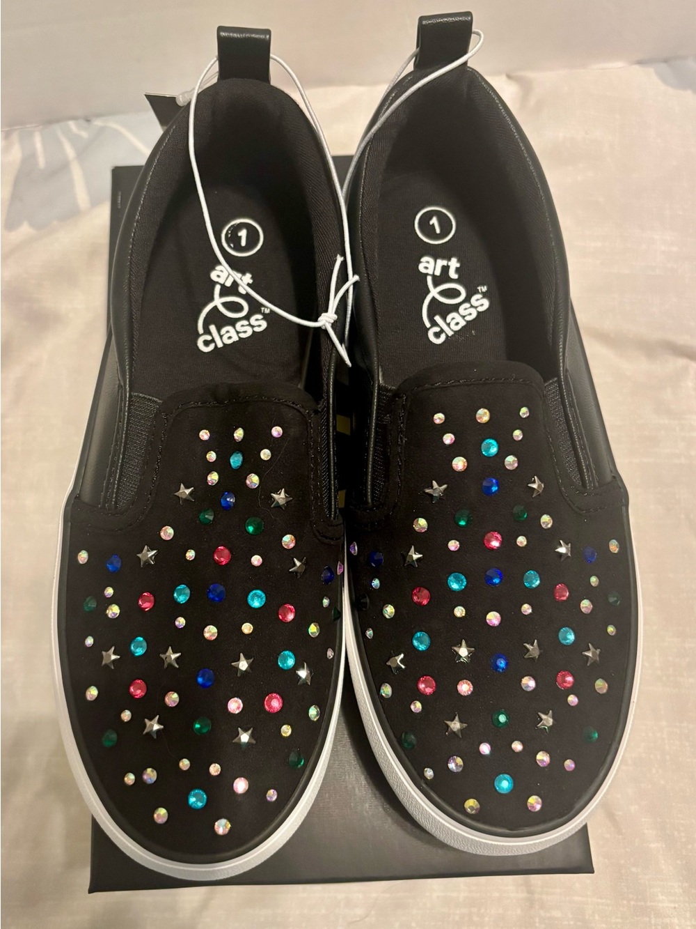 New Art Class Black Slip-On Sneakers with Multicolor Gem & Star Accents